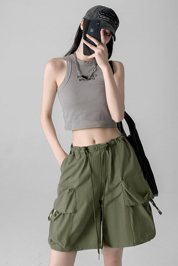 Olive Relaxed Fit Drawstring Cargo Shorts