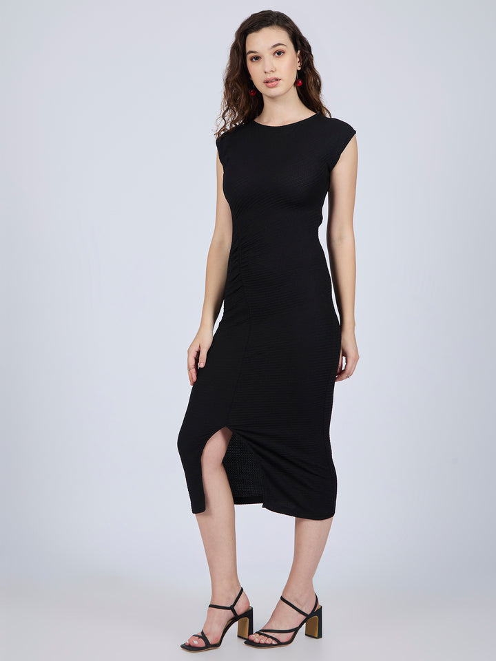 Black Textured Knit Midi Dress
