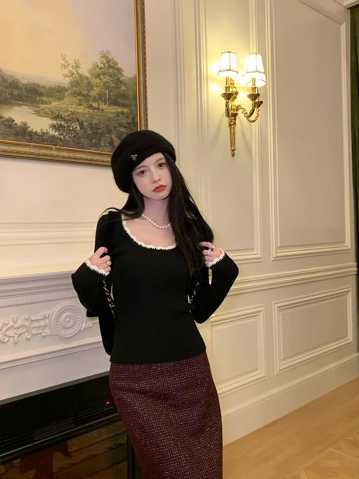 Black Full Sleeve Scallop Hem Top
