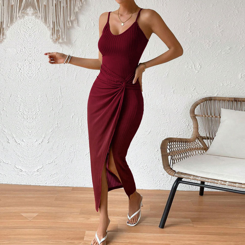 Wine Sleeveless Waist Twisted Dress