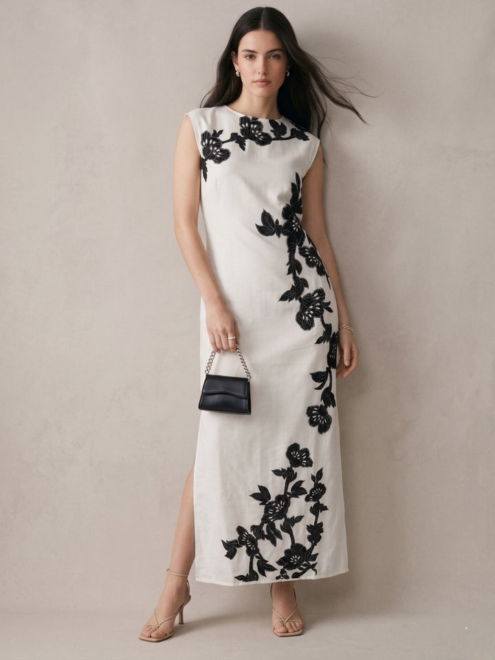 Off White Maxi Length Placement Print Dress With Slit
