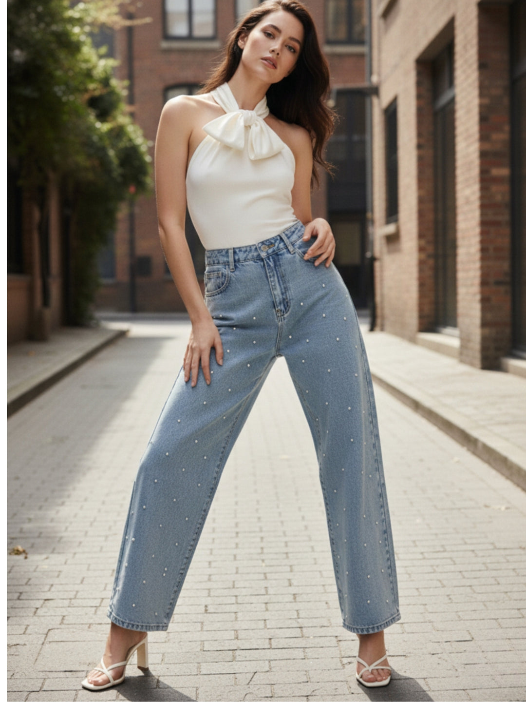 Light Blue Embellished Wide Leg  Denim Jeans