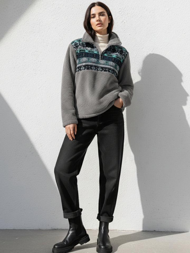 Grey Full Sleeve Printed Half Zip Sweatshirt