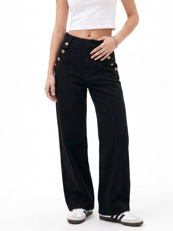 Black Slant Buttoned Pocket Wide Leg Jeans