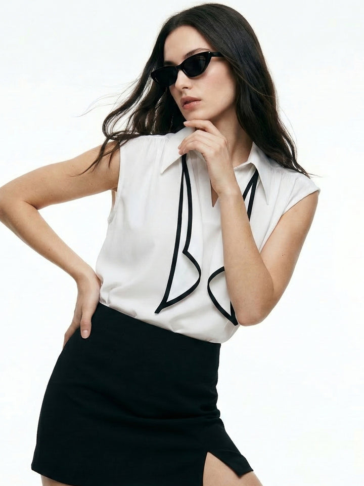 Off White Sleeveless Tie-Neck Blouse