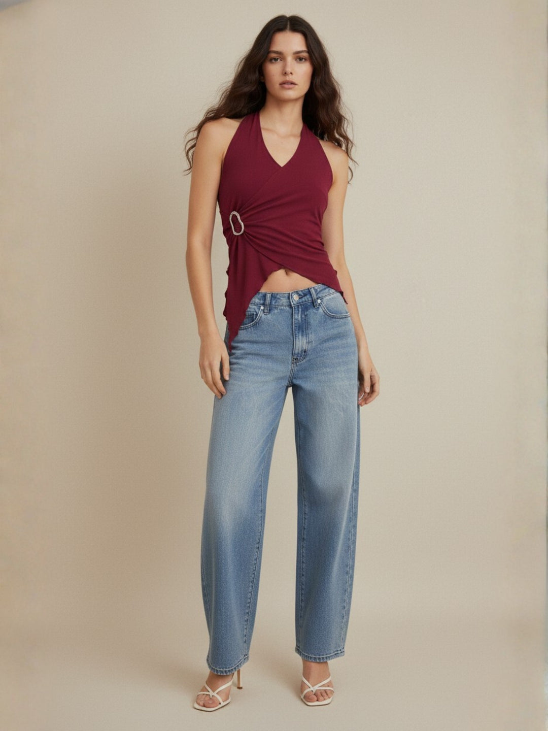 Red Halter Wrap Top With Metal Trim Top