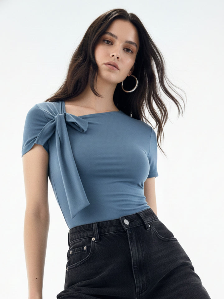 Teal Basic Fitted Top With Bow Detail