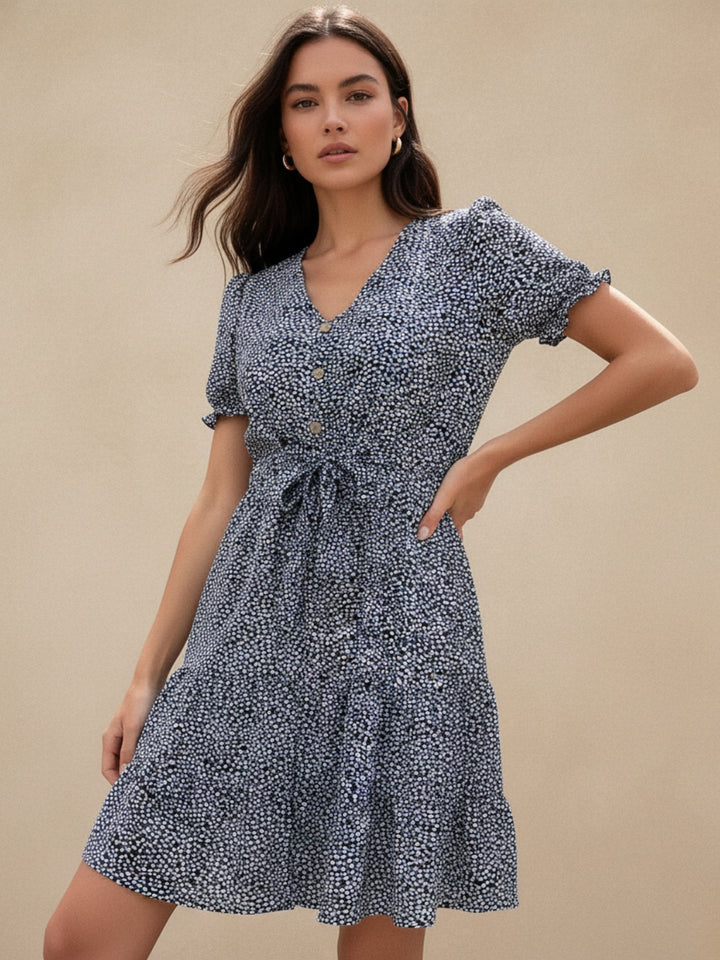 Blue Puff Sleeve Waist Tie-Up Dress
