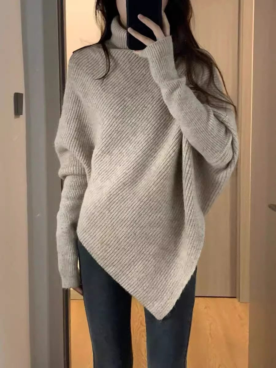 Taupe Full Sleeve Turtle Neck Asymmetrical Hem Sweater