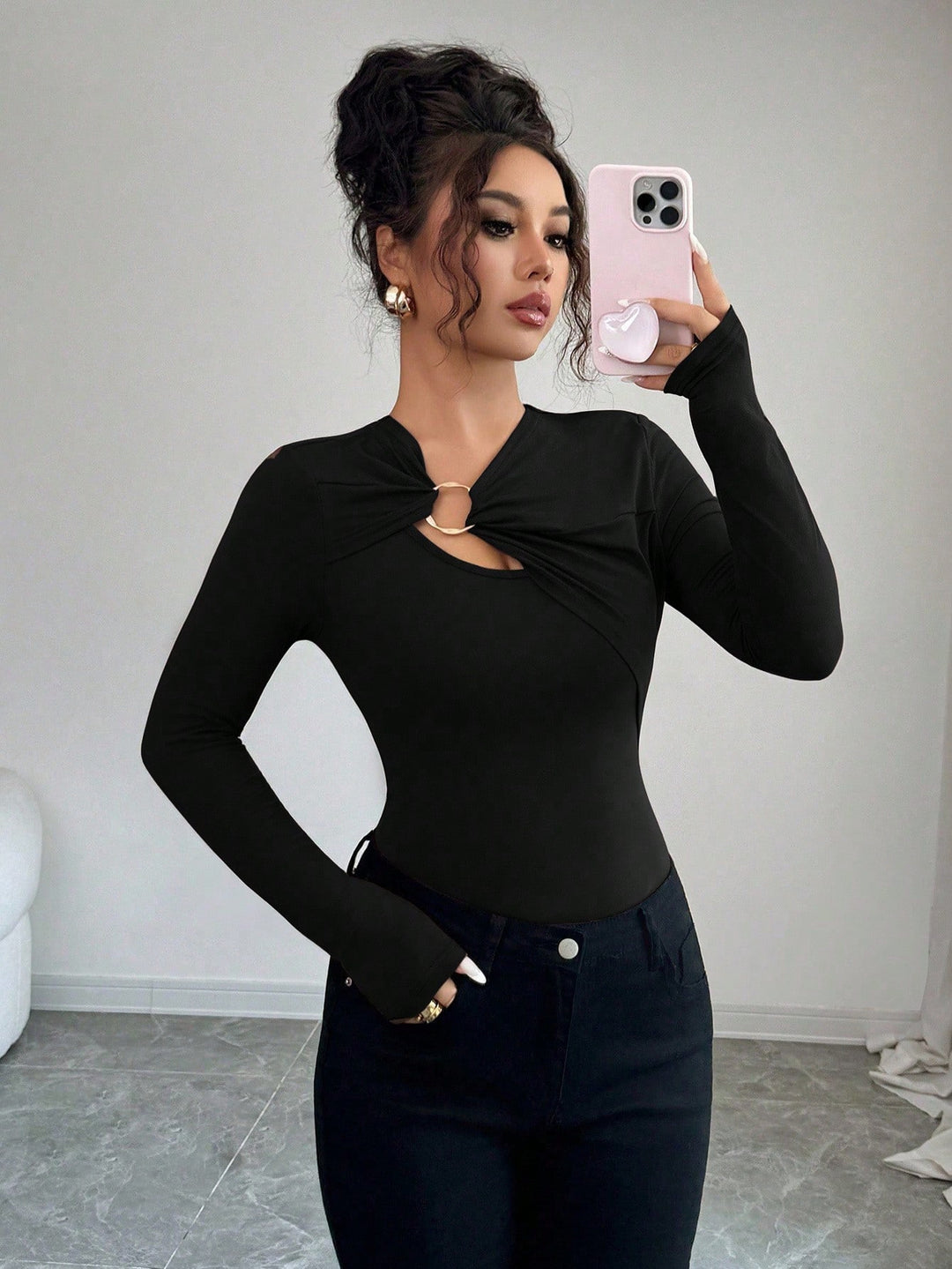 Black Full Sleeve Front Buckle Top