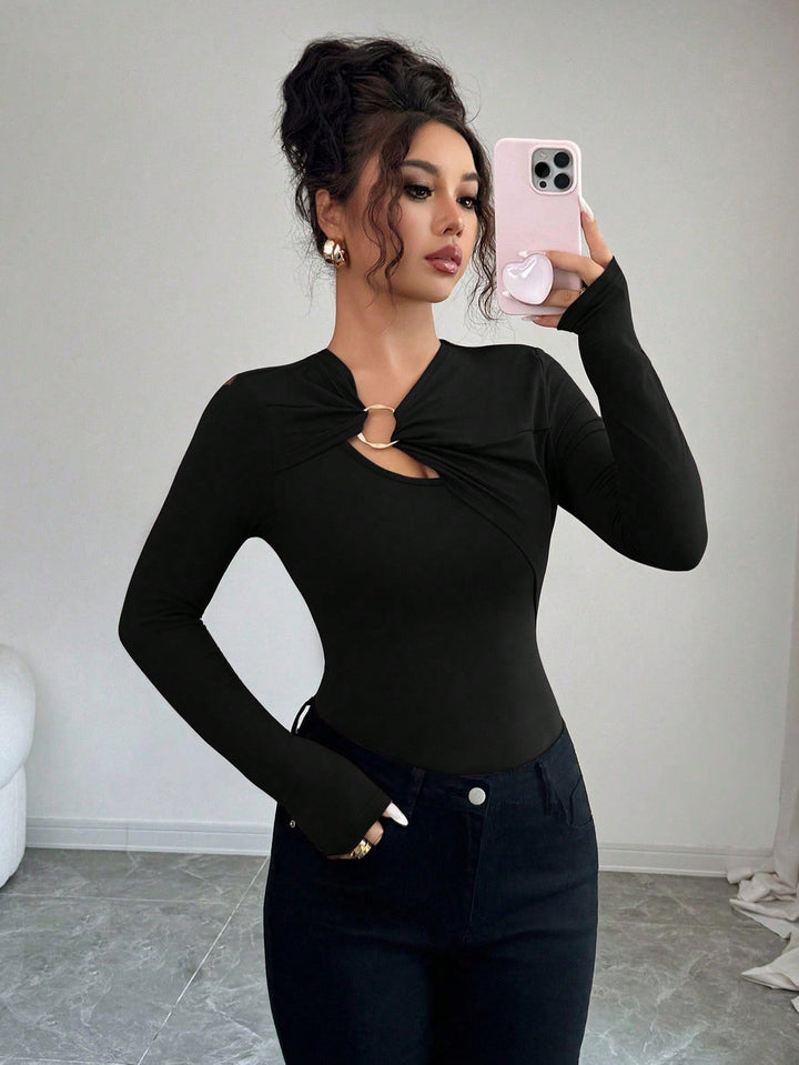 Black Full Sleeve Front Buckle Top