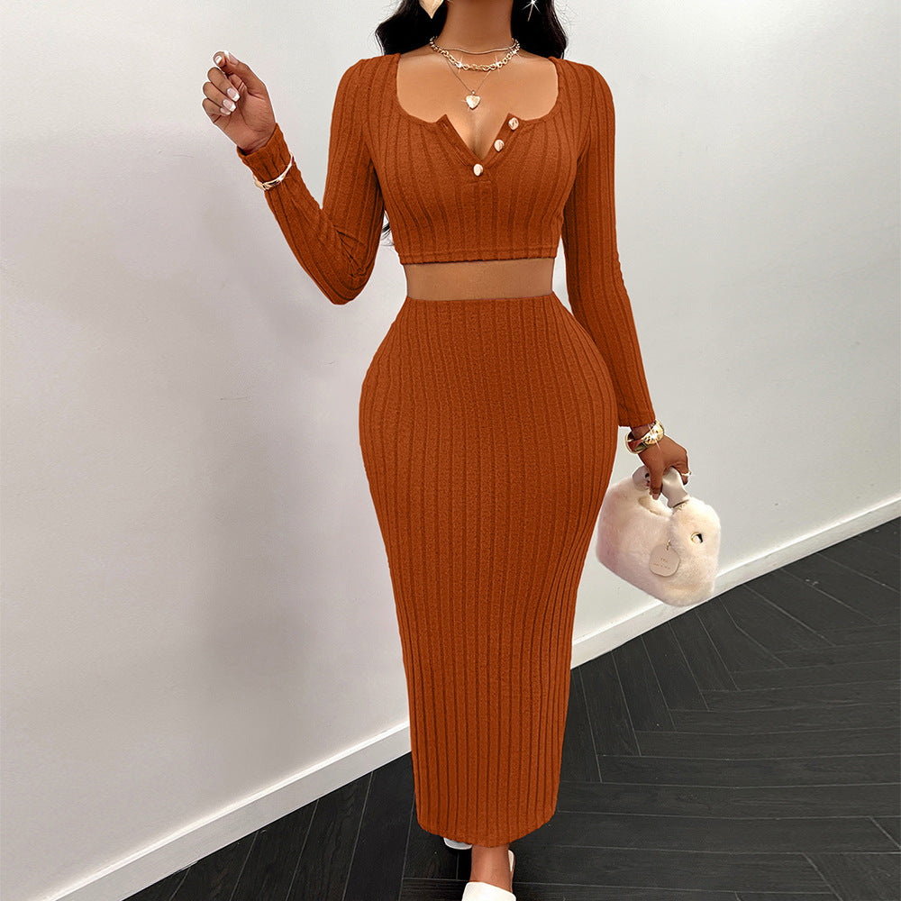 Brown Rib Fitted Crop Top With Skirt