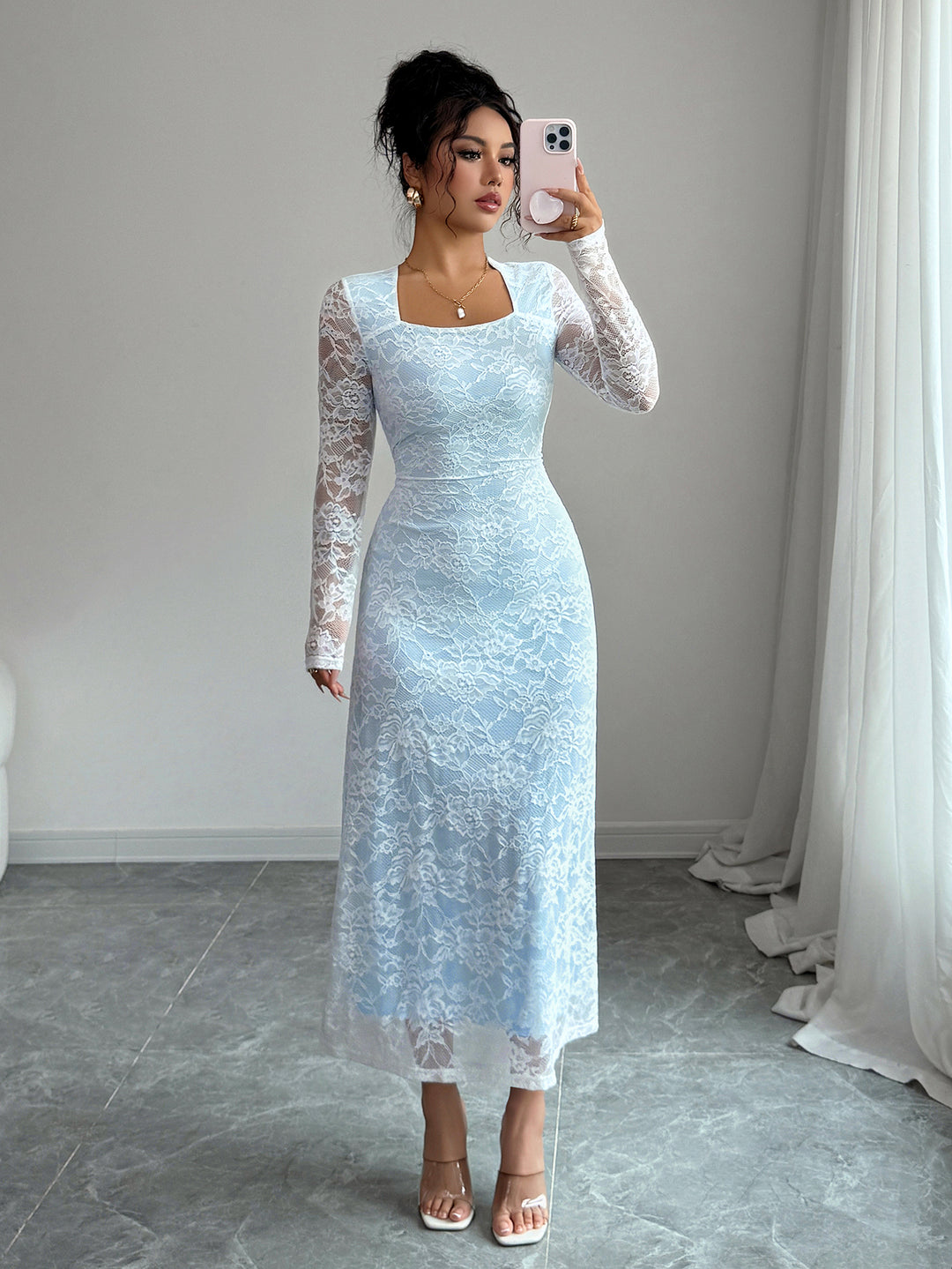 Blue Full Sleeve Square Neck Lace Dress