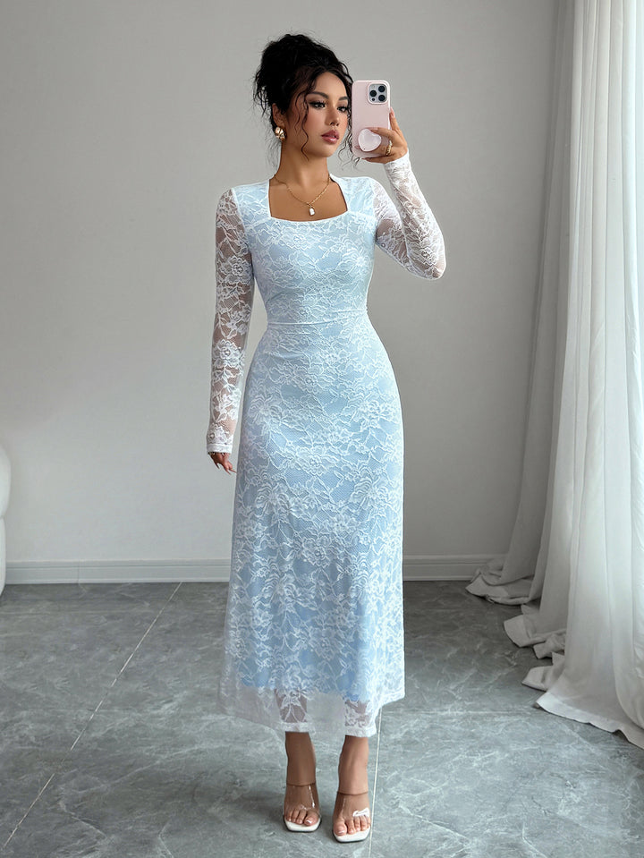 Blue Full Sleeve Square Neck Lace Dress
