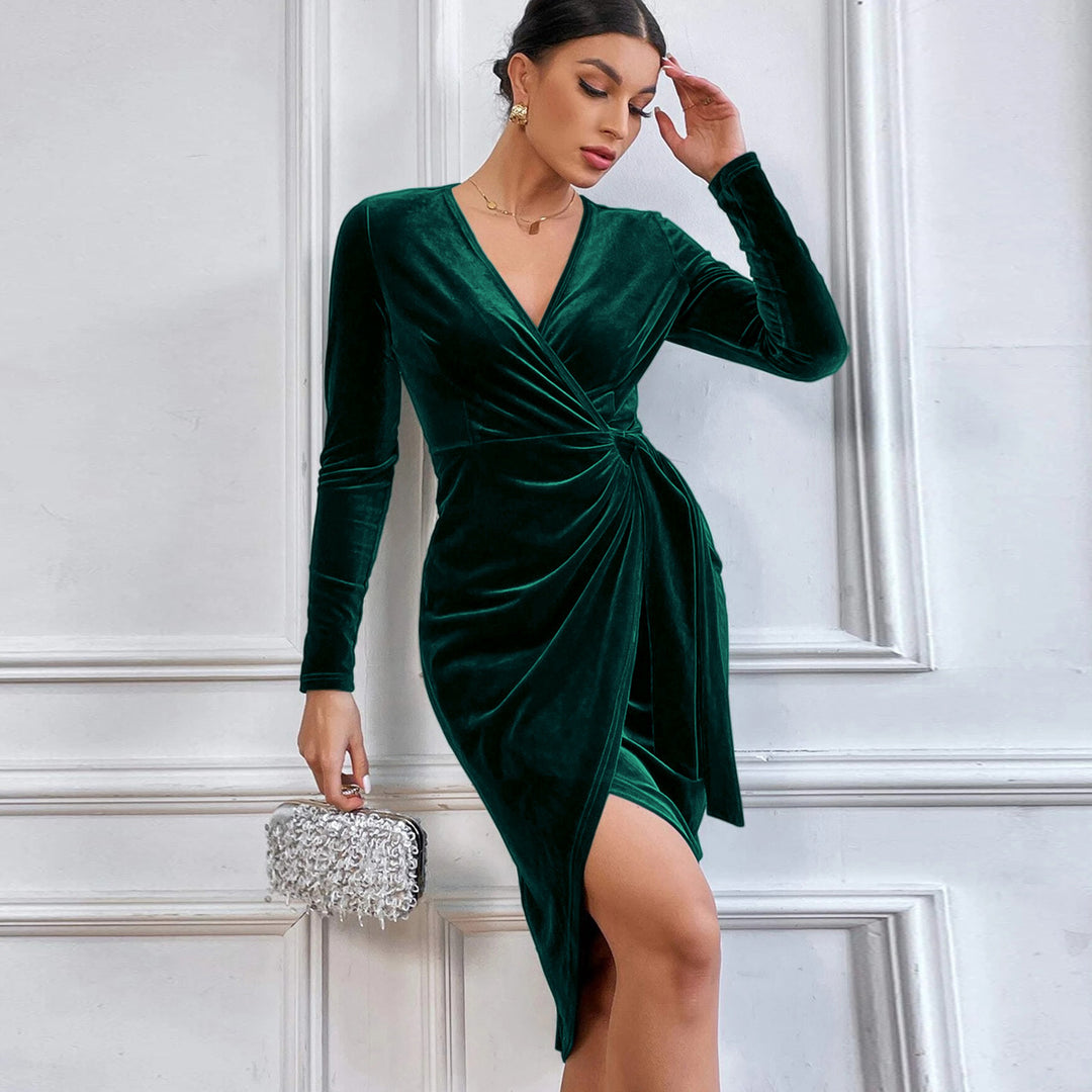 Green Full Sleeve Wrap Velour Dress