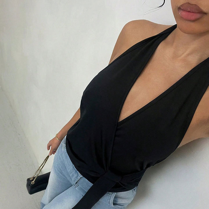 Black Halter Neck Wrap Top