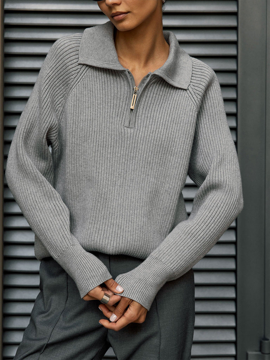 Grey Collared Zip Up Sweater