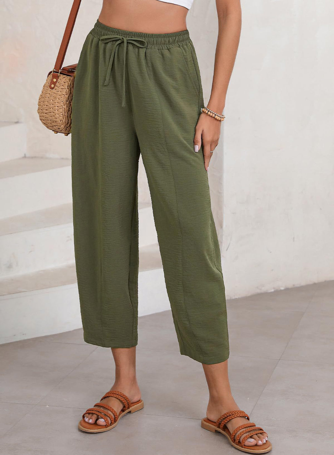 Green Elasticated Waist Band Wide Leg Trouser