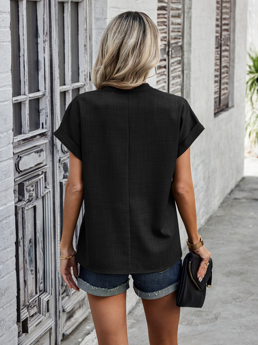 Black V Neck Mandarin Collared Blouse