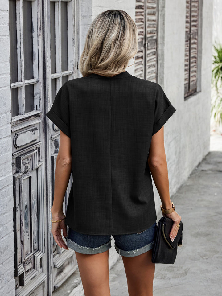 Black V Neck Mandarin Collared Blouse