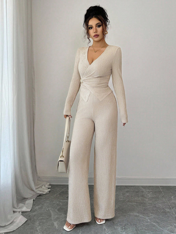 Beige Wrap Top And Pant Co-Ord Set