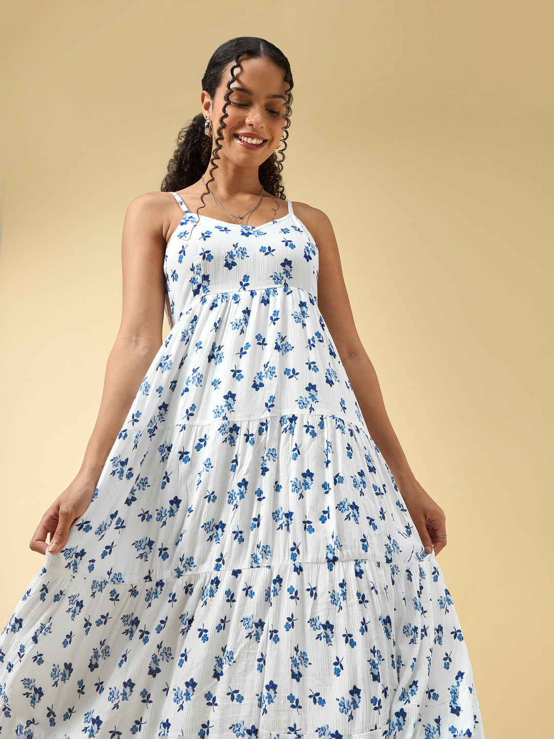 Blue A-Line Tiered Dress With Tie Up Detail At The Back