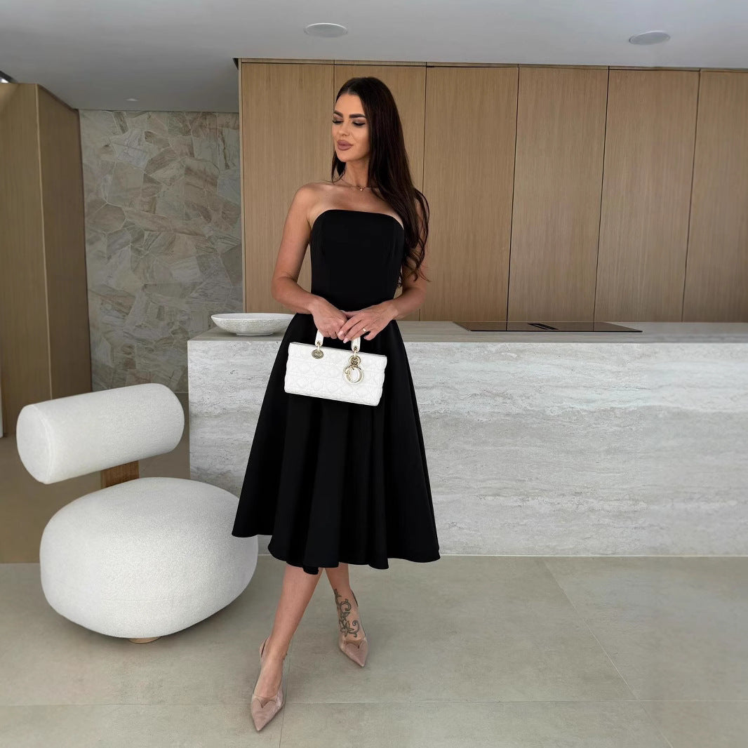 Black Tube Solid Pleated Dress