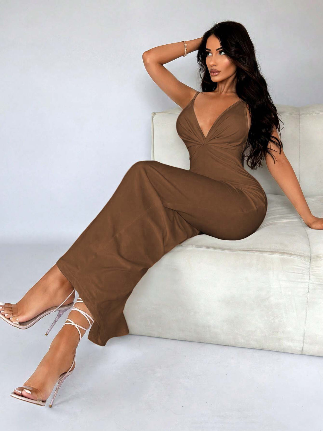 Brown Strappy Ruched Bodycon Dress