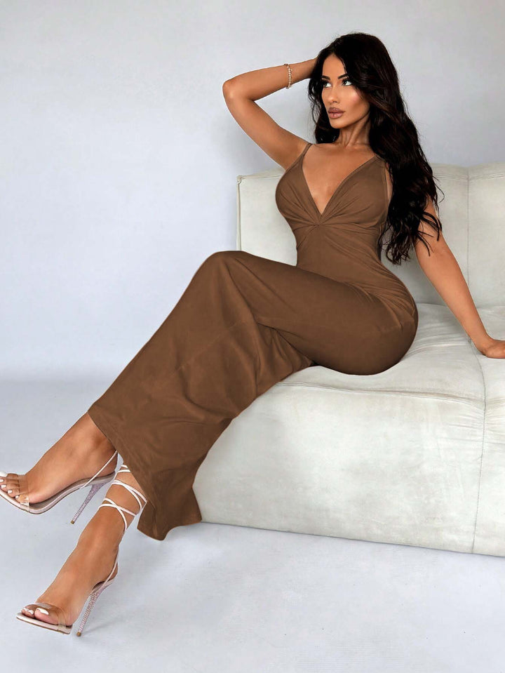 Brown Strappy Ruched Bodycon Dress