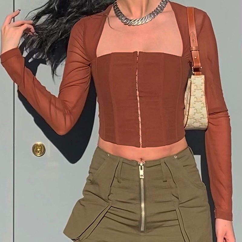 Brown Front Zip Square Neck Top