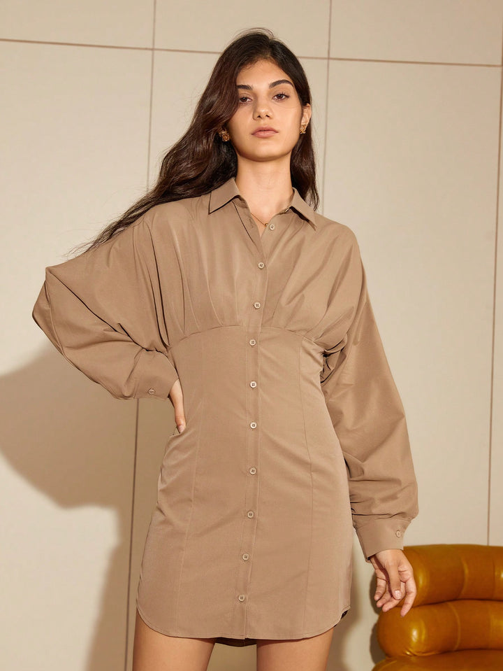 Brown Full Sleeve Flared Mini Shirt Dress