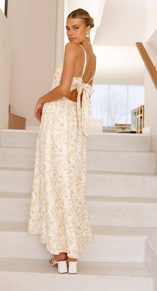 Yellow Printed Pointed Waistline Dress