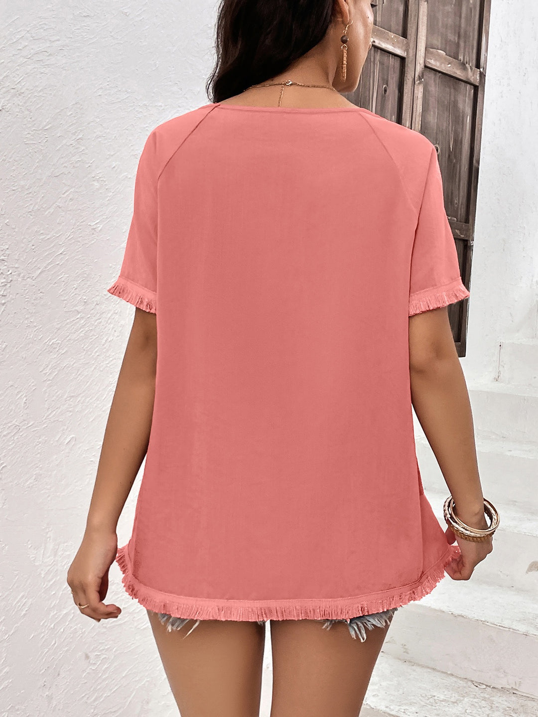 Pink Crew Neck Fringe Hem Tshirt
