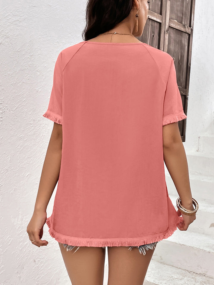 Pink Crew Neck Fringe Hem Tshirt
