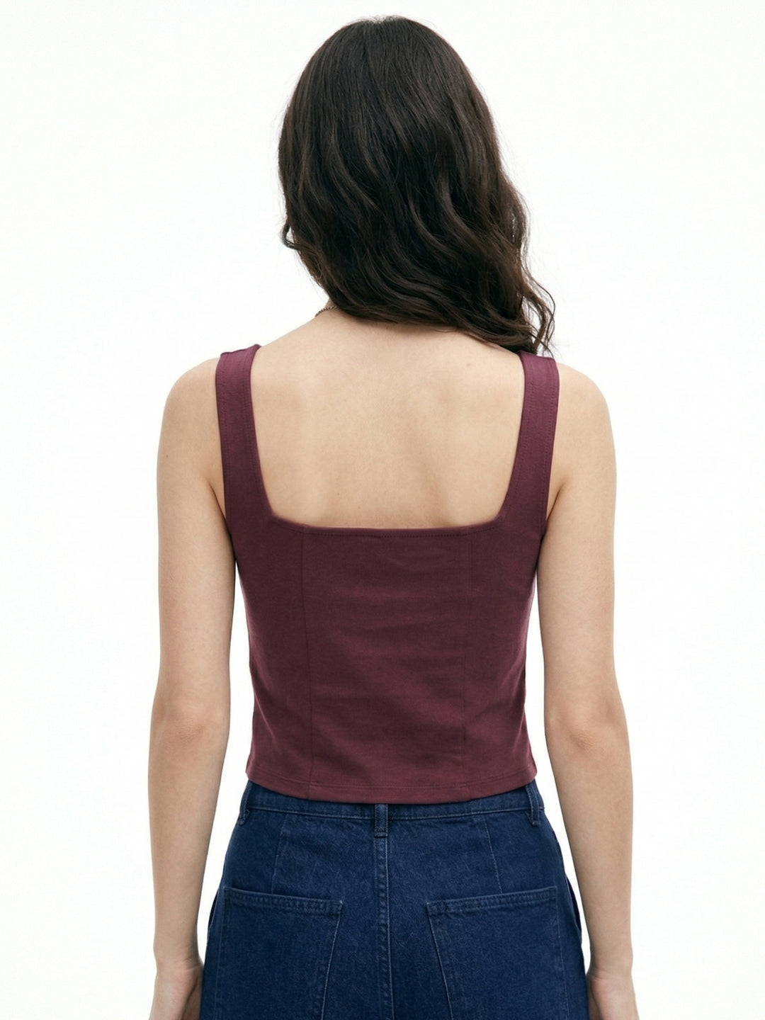 Wine Button Down Square Neck Top