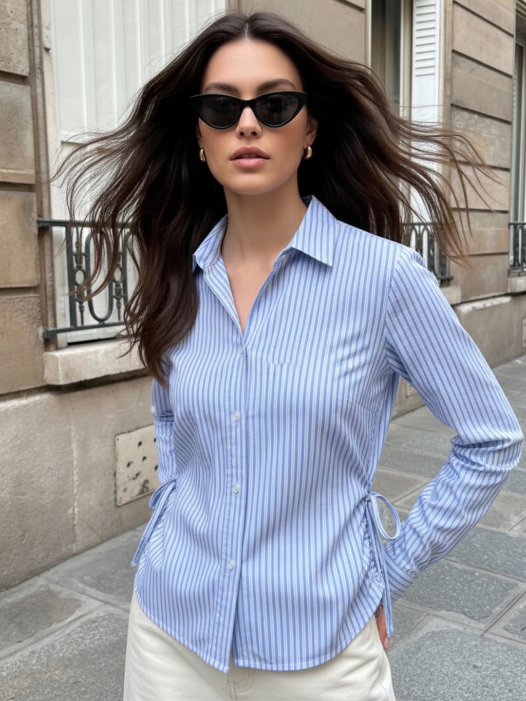 Blue Side-Tie Fitted Stripe Top