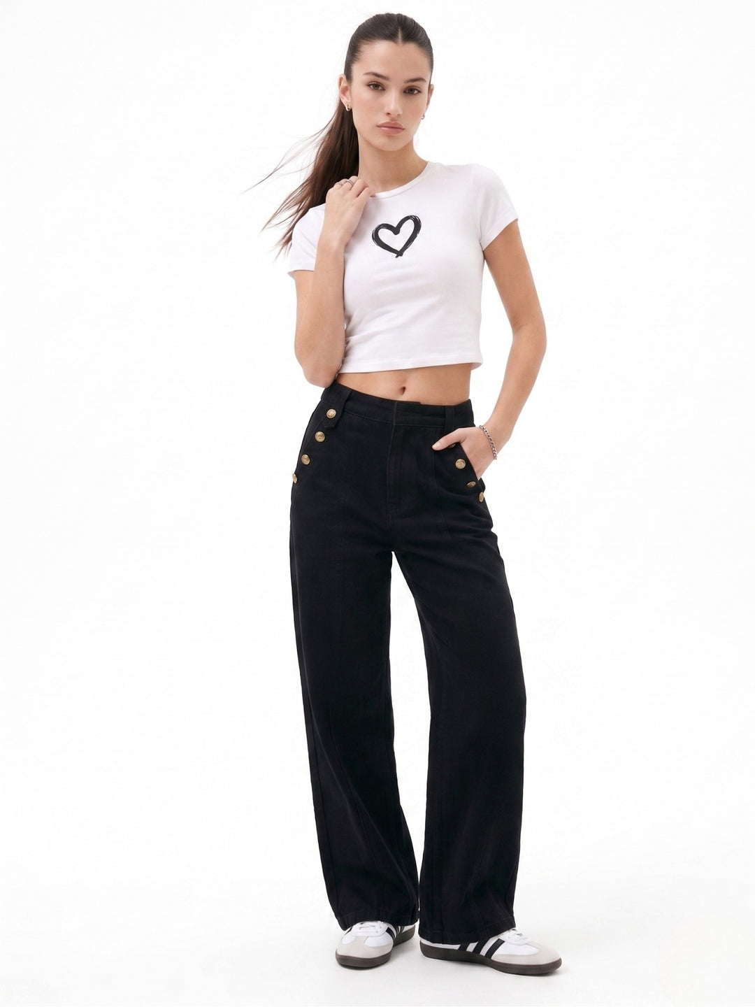 Black Slant Buttoned Pocket Wide Leg Jeans