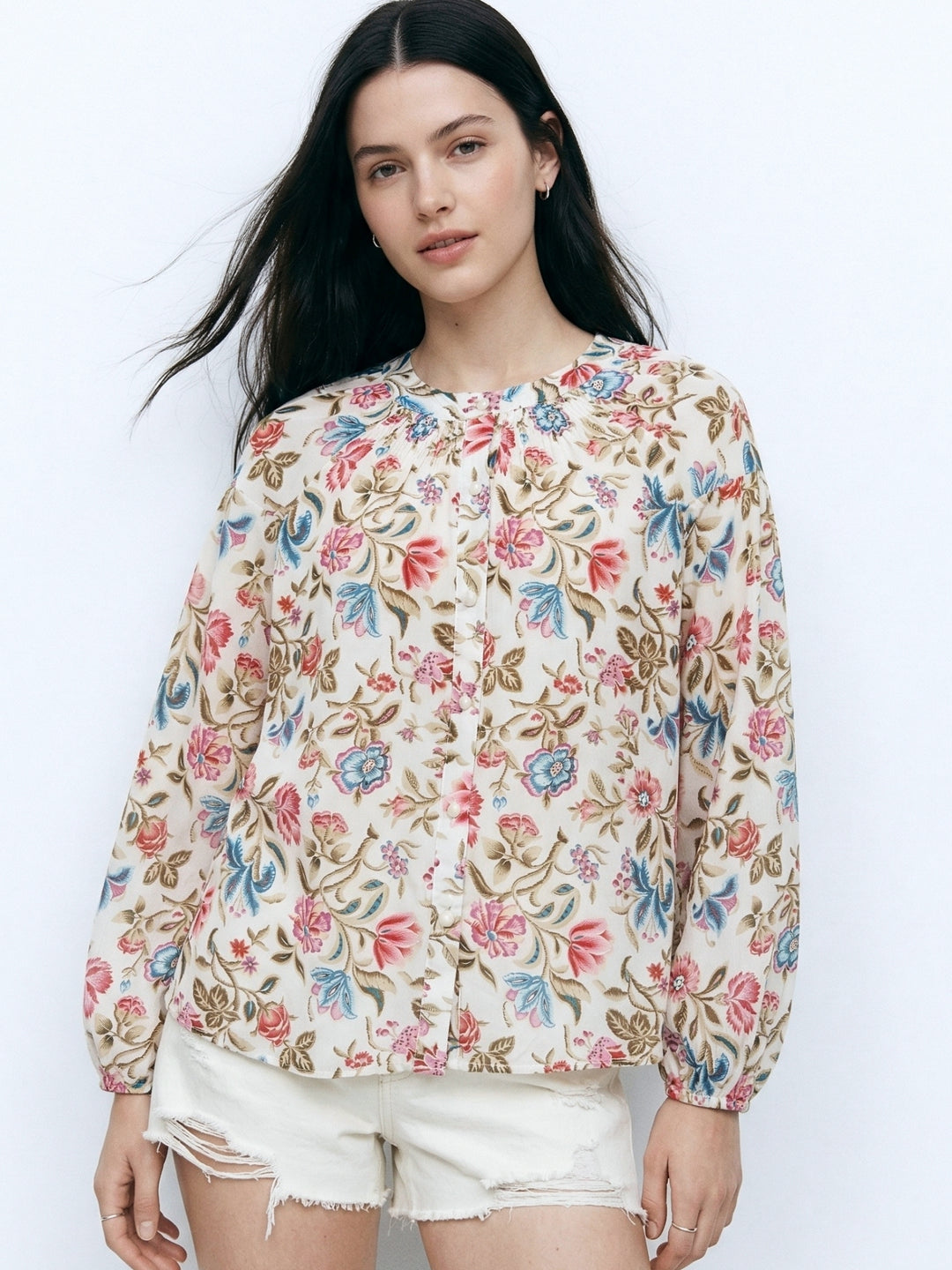 Multi Mandarin Neck Relaxed Printed Top