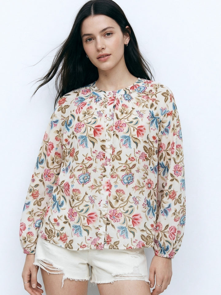 Multi Mandarin Neck Relaxed Printed Top