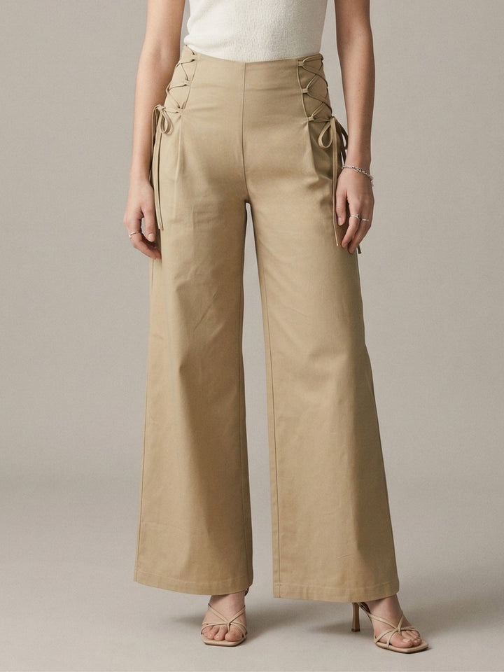 Beige High Waist Side Tie Wide Leg Trousers