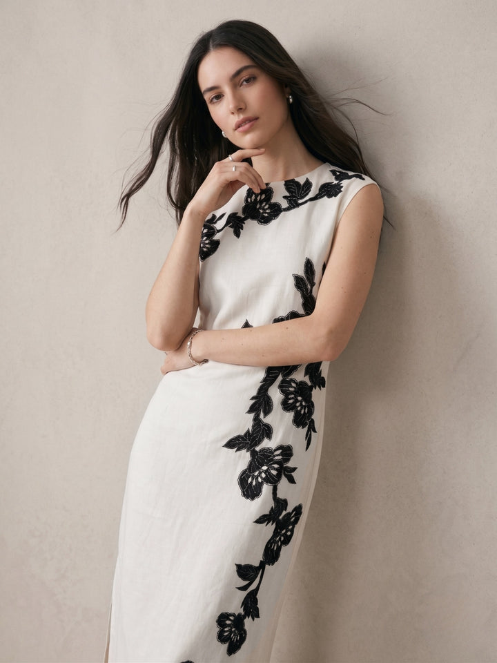 Off White Maxi Length Placement Print Dress With Slit
