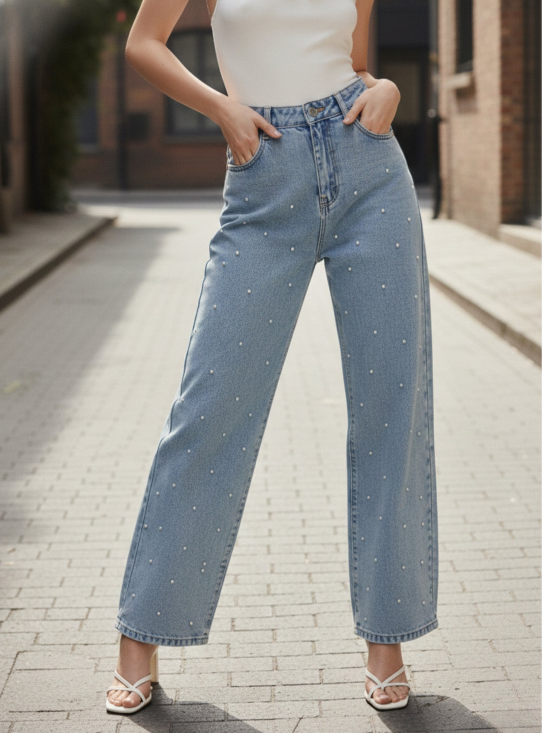 Light Blue Embellished Wide Leg  Denim Jeans