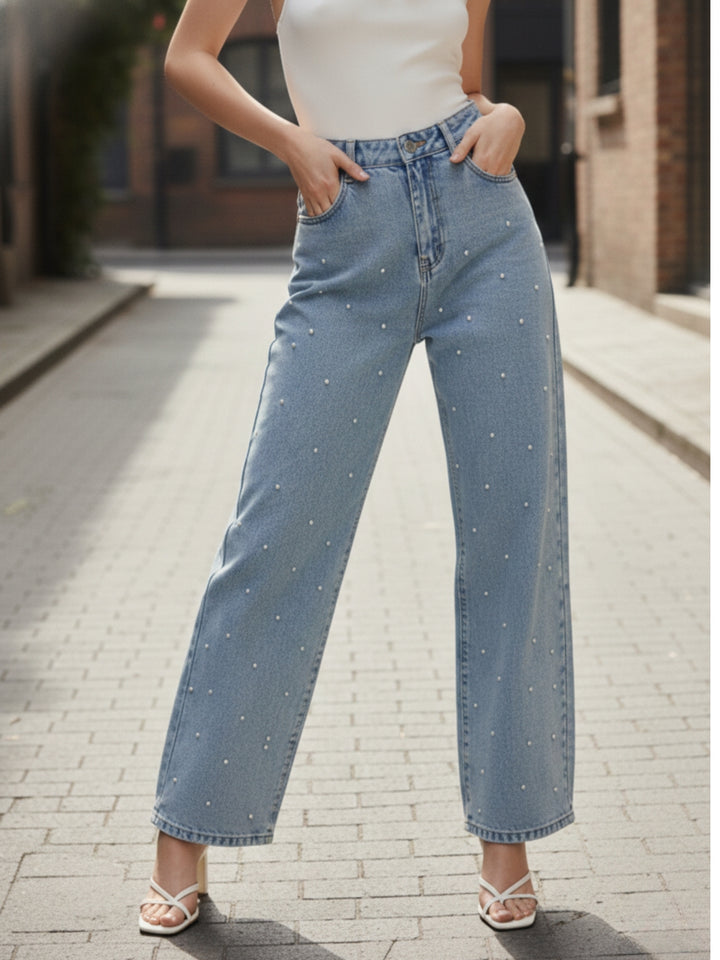 Light Blue Embellished Wide Leg  Denim Jeans