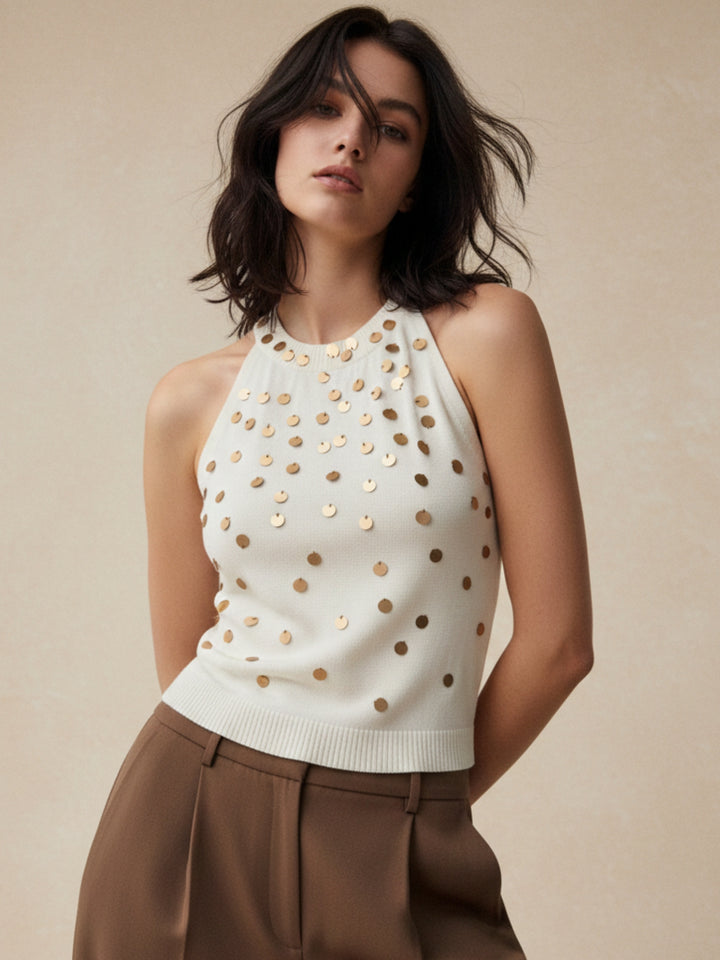 Off White Halter Neck Sequined Tank