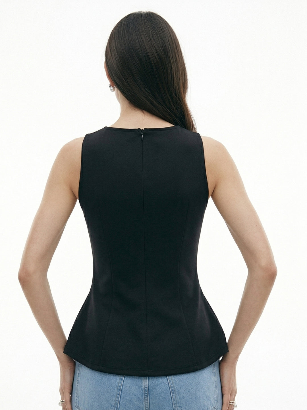 Black Peplum Top With Embellished Buttons