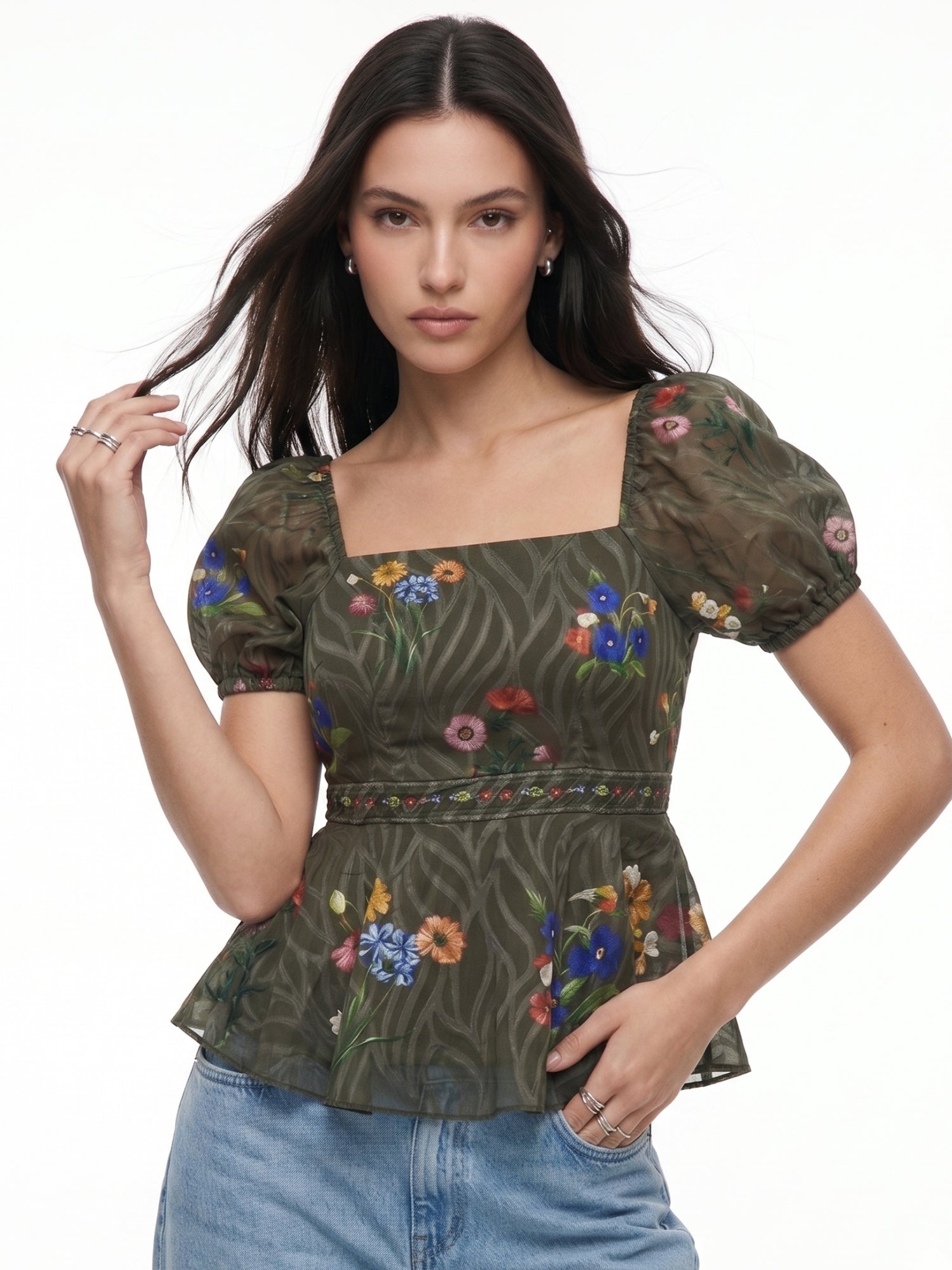 Olive Puff Sleeve Flared Top