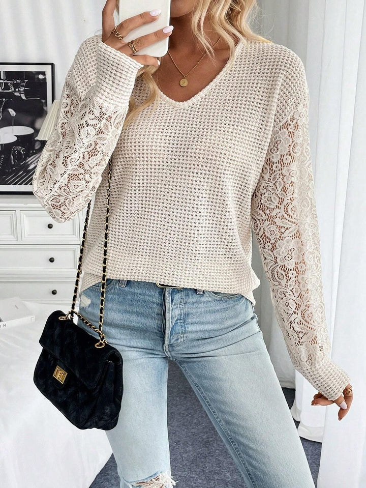 Cream Mesh Sleeve Round Neck Top