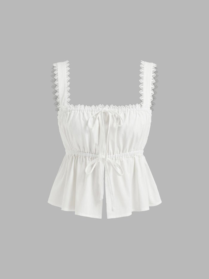 White Zig Zag Strap Front Tie Up Top