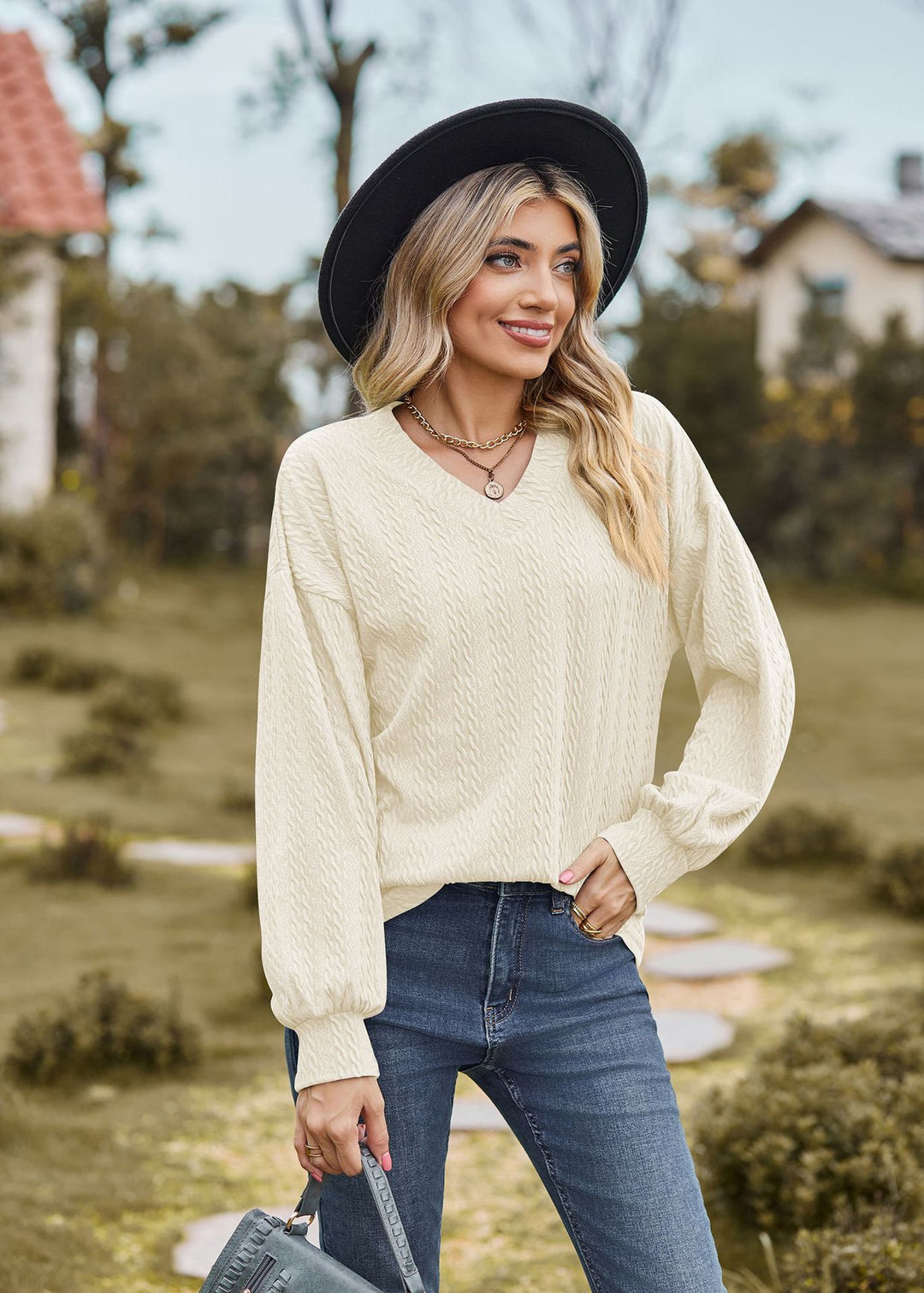Cream Bishop Sleeve V Neck Sweatshirt