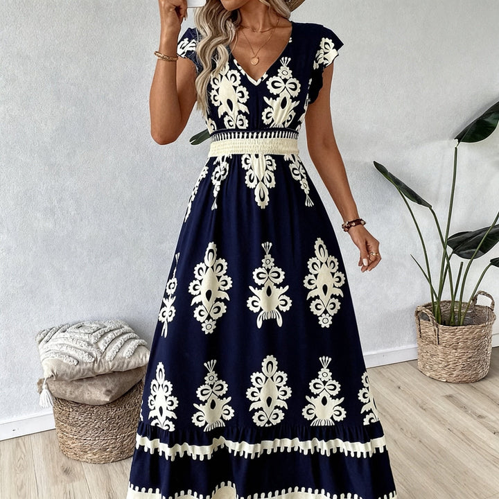 Blue Short Sleeve V Neck Printed Flared Dress